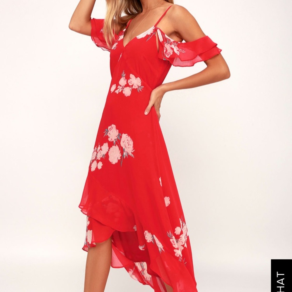 RED FLORAL PRINT OFF-THE-SHOULDER HIGH-LOW…